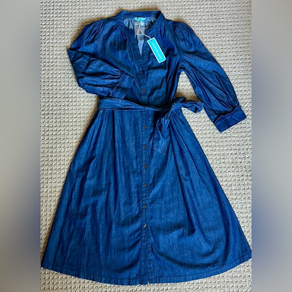 Draper James Sz 6 Puff Sleeve Chambray Denim Button Front Belted w/ pockets. NWT